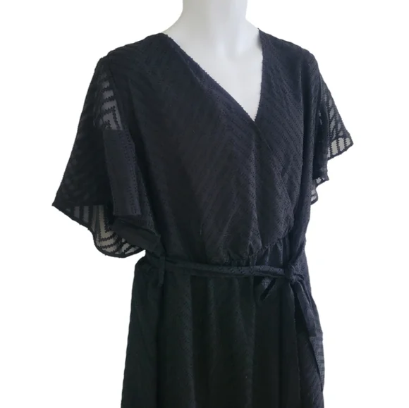 BloomChic Black Geometric Pocket Ruffle Sleeve Belted Midi Dress - Women's Plus - Picture 6 of 13